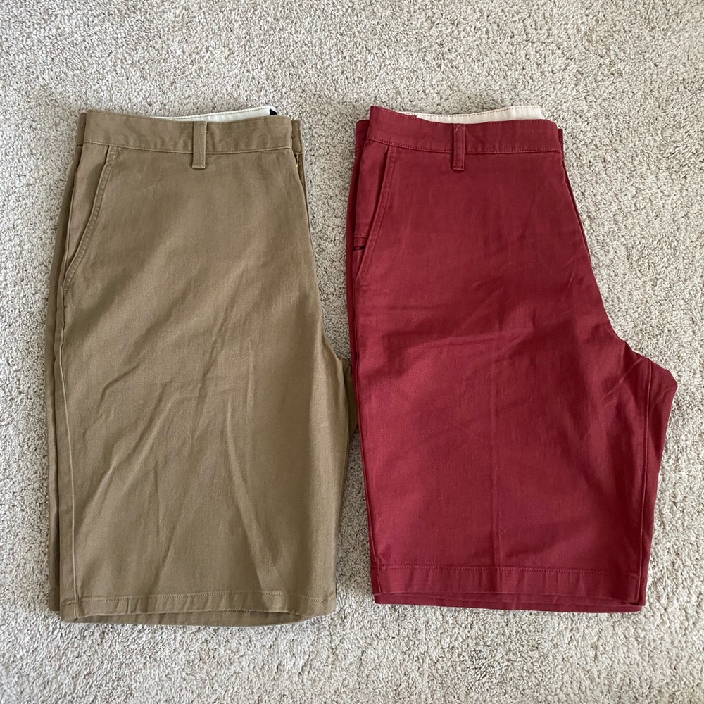 Bundle of 2 Dockers Men's Flat Front Shorts - Khaki and Light Red Waist 36